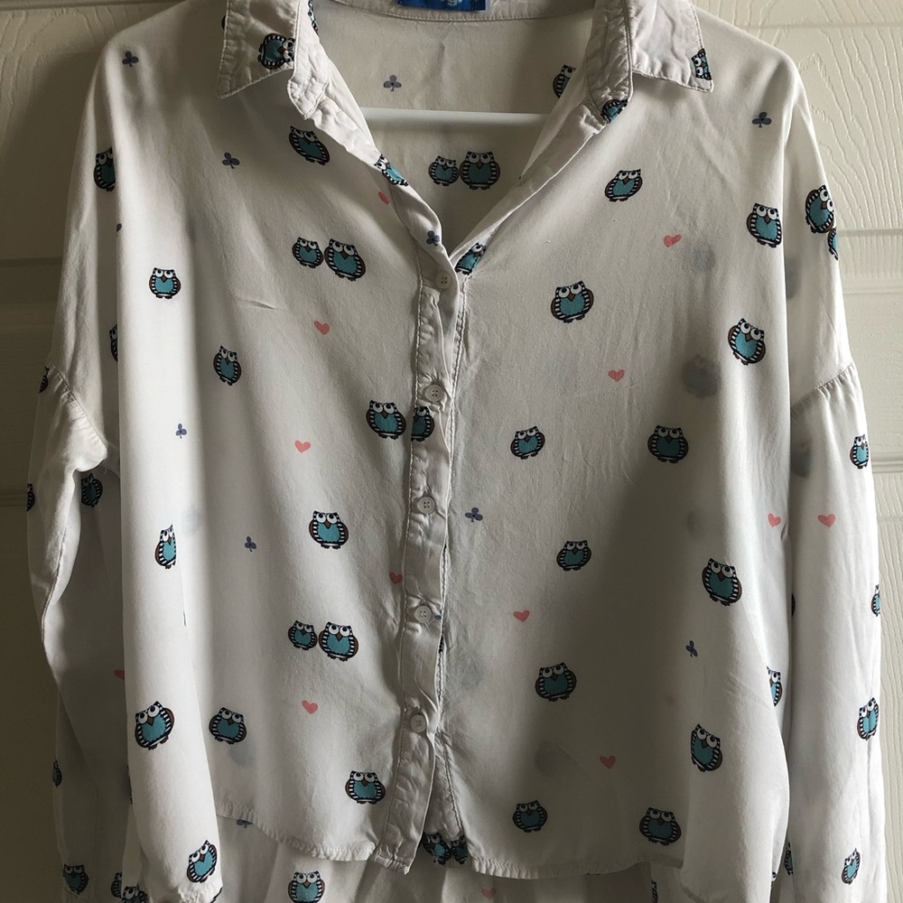White shirt with owls and hearts 3/4 sleeve
